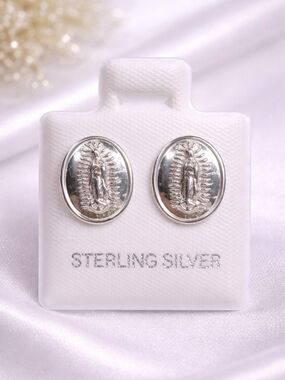 Virgin of Guadalupe Medal Oval Stud Earrings 925 Sterling Silver  - 11.5mm